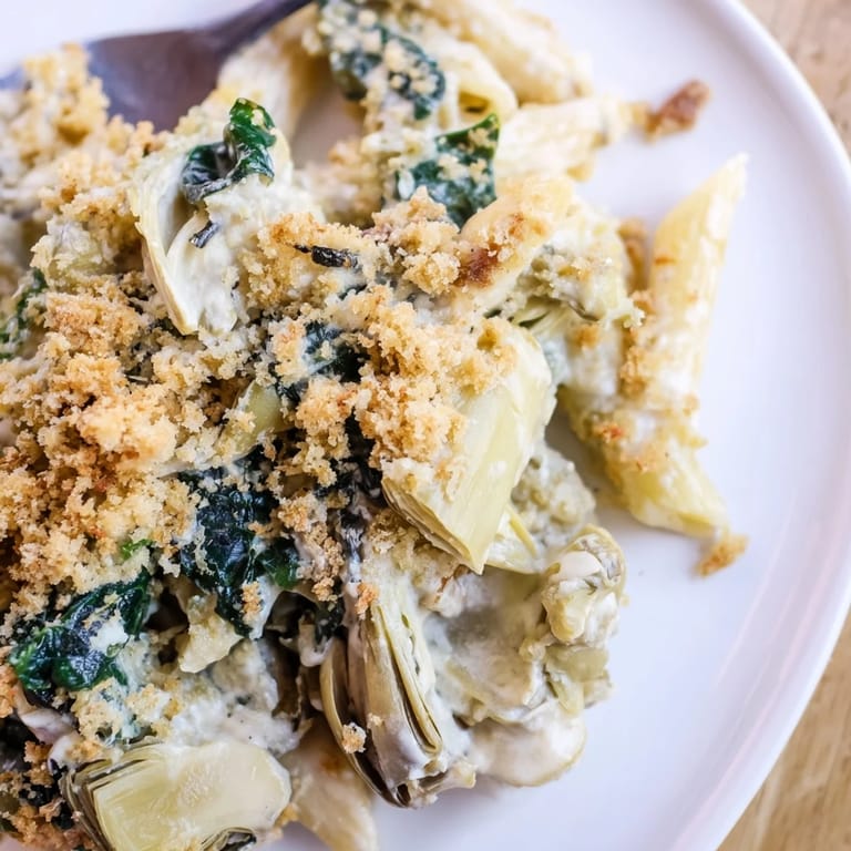 Serving suggestion for Artichoke Pasta Bake, plated with a side salad and fresh herbs garnish.