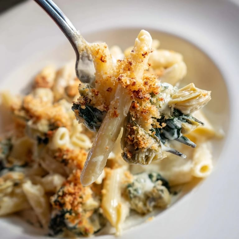 Close-up view of Artichoke Pasta Bake, highlighting creamy sauce with spinach and artichoke hearts in a casserole dish.