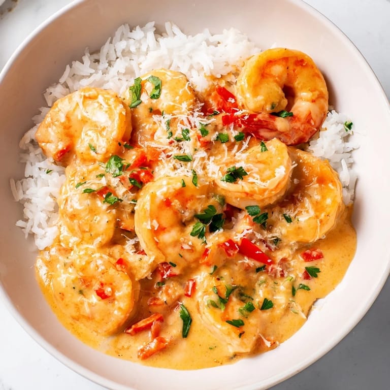 The creamy Cajun shrimp rice bowl is served hot with a lemon wedge and extra sauce.