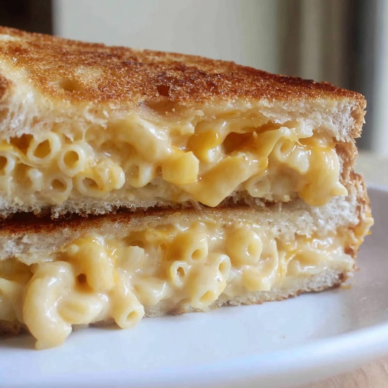 A close-up of a crispy Mac & Cheese Grilled Cheese sandwich beside a bowl of tomato soup for dipping.  