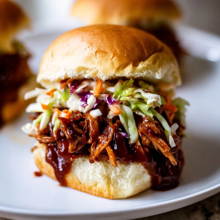 Freshly assembled BBQ Chicken Sliders served warm with slaw and extra sauce.