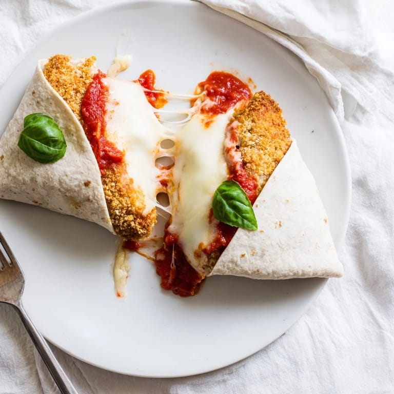 Crispy Chicken Parm Wrap cut in half to reveal layers of golden chicken, vibrant red marinara, and gooey melted cheese, perfect for a handheld lunch.  