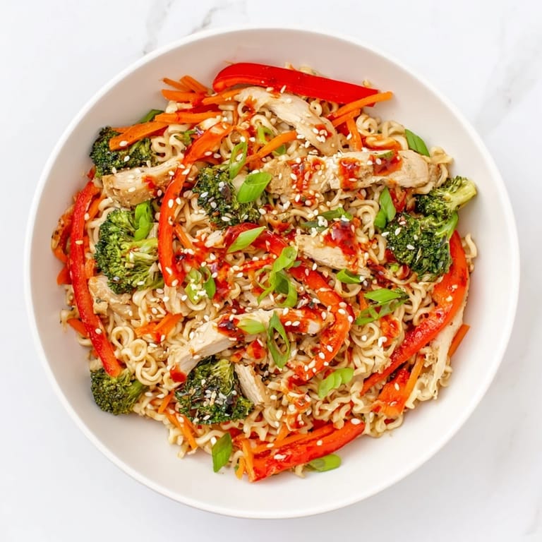 A close-up of Spicy Ramen Stir-Fry, garnished with sesame seeds and green onions on a warm plate.