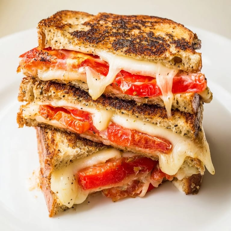 Two servings of pepper jack and tomato grilled cheese, perfectly grilled, ready to enjoy alongside a bowl of tomato soup.