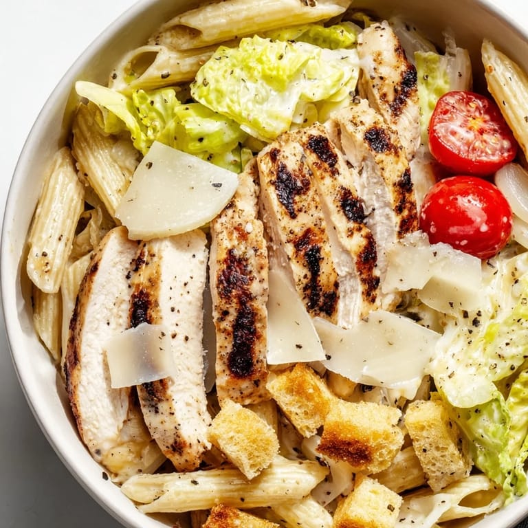 This easy Caesar Pasta Chicken Bowl features juicy chicken, pasta, and fresh romaine, finished with Parmesan and croutons for a satisfying meal.