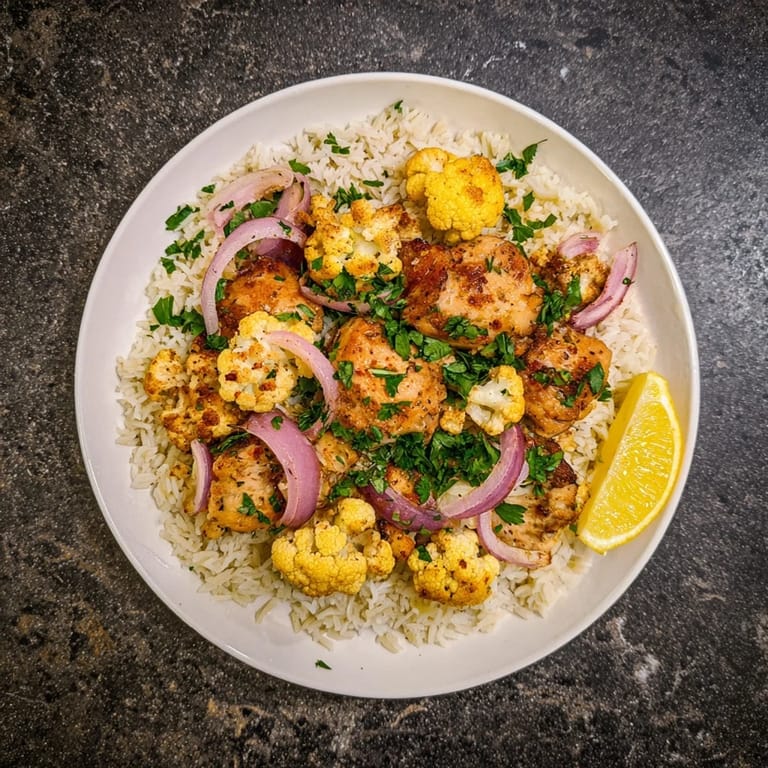 Family-style Roasted Cauliflower Chicken Sheet Pan dinner on a plate, with colorful roasted vegetables, golden chicken, and cilantro garnish.