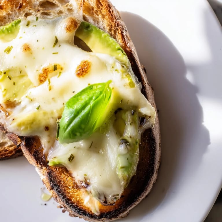 This easy Avocado Mozzarella Tartine features bubbly, gooey cheese on crispy bread, served warm as a quick vegetarian lunch or light snack.