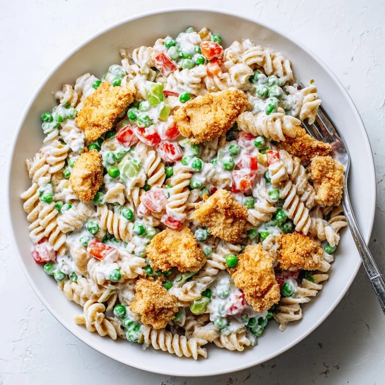 Close-up of golden panko-crusted chicken nestled into a vibrant pasta salad with peas, green onions, and red bell peppers, drizzled with creamy homemade ranch dressing.
