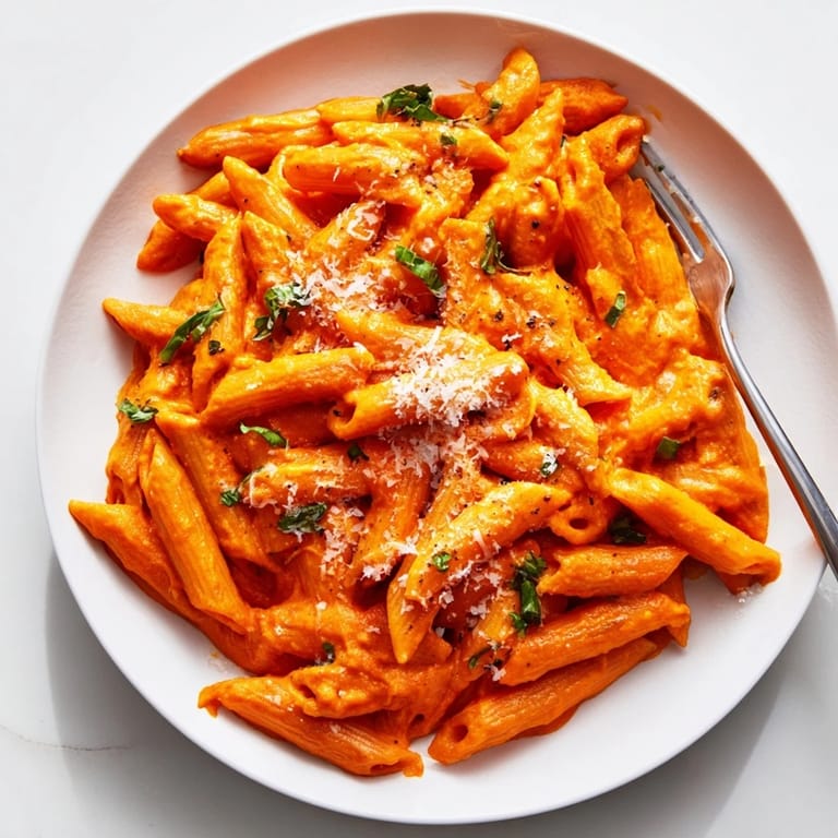 Steaming skillet of Creamy Roasted Red Pepper Pasta tossed with olive oil and topped with grated Parmesan.