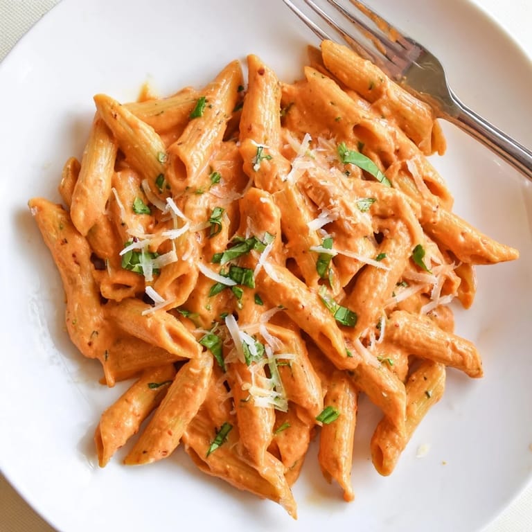 A close up of Creamy Roasted Red Pepper Pasta served in a white bowl with rustic bread on the side.