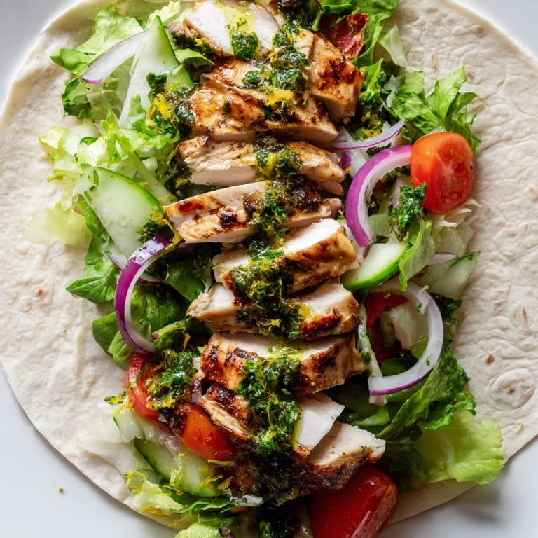 A close-up of a Chimichurri Chicken Salad Wrap, highlighting the charred chicken strips nestled in a soft tortilla with zesty herbs.