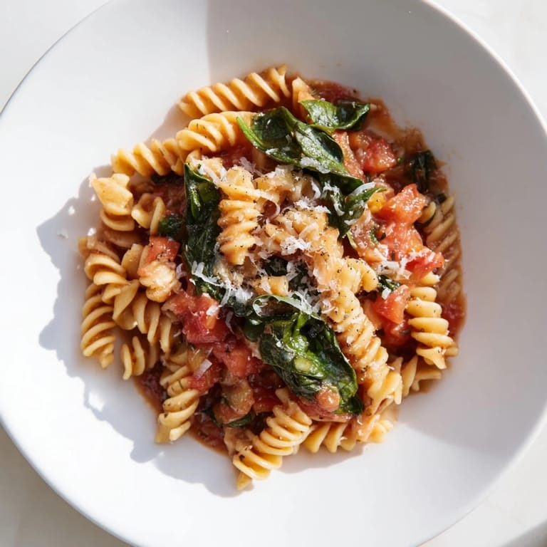 The finished tomato spinach one-pot rotini in a rustic pot, showing al dente pasta coated in a vibrant, savory tomato broth.