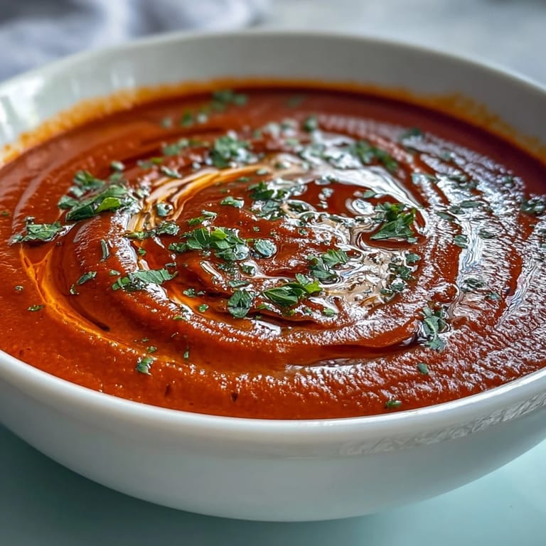 Comforting bowl of roasted red pepper soup, perfect for a light meal.