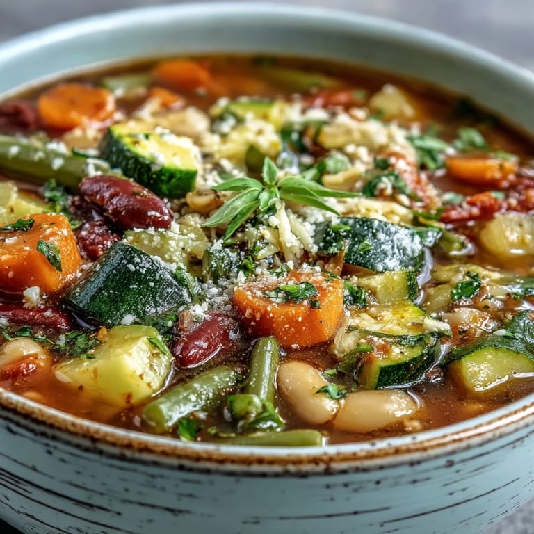 A comforting bowl of Minestrone Vegetable Soup, packed with vibrant vegetables, ready to eat.