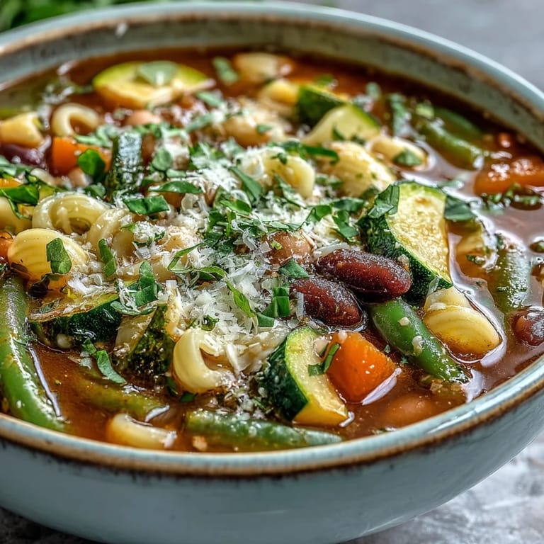 View of a delicious Minestrone Vegetable Soup, perfect served hot with crusty bread.
