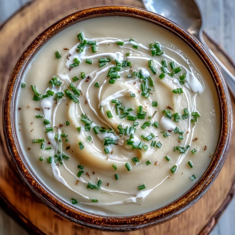 Velvety French Celery Root Bisque, perfect for elegant dinners with a hint of nutmeg.