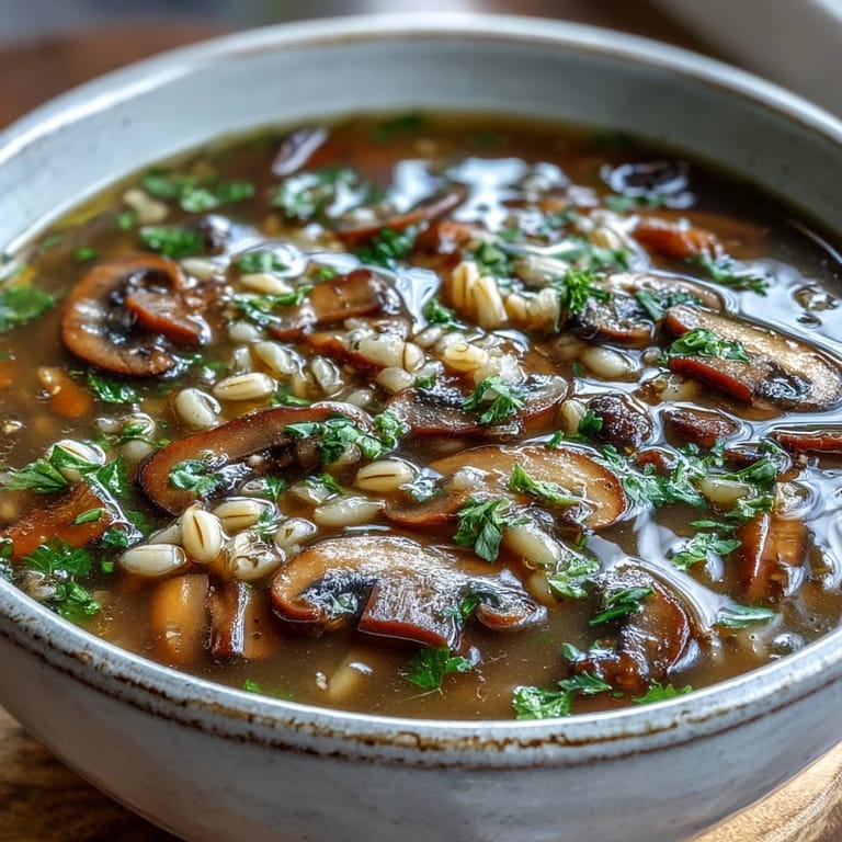 Delicious bowl of mushroom barley soup, perfect for a cozy meal.