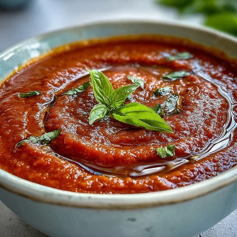 Rich, homemade tomato and basil soup, ready for a comforting bowl.