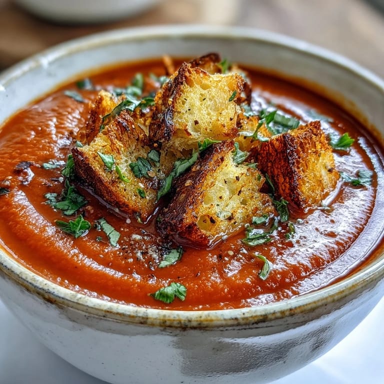 Hearty roasted tomato soup crowned with crunchy homemade croutons, perfect for lunch.