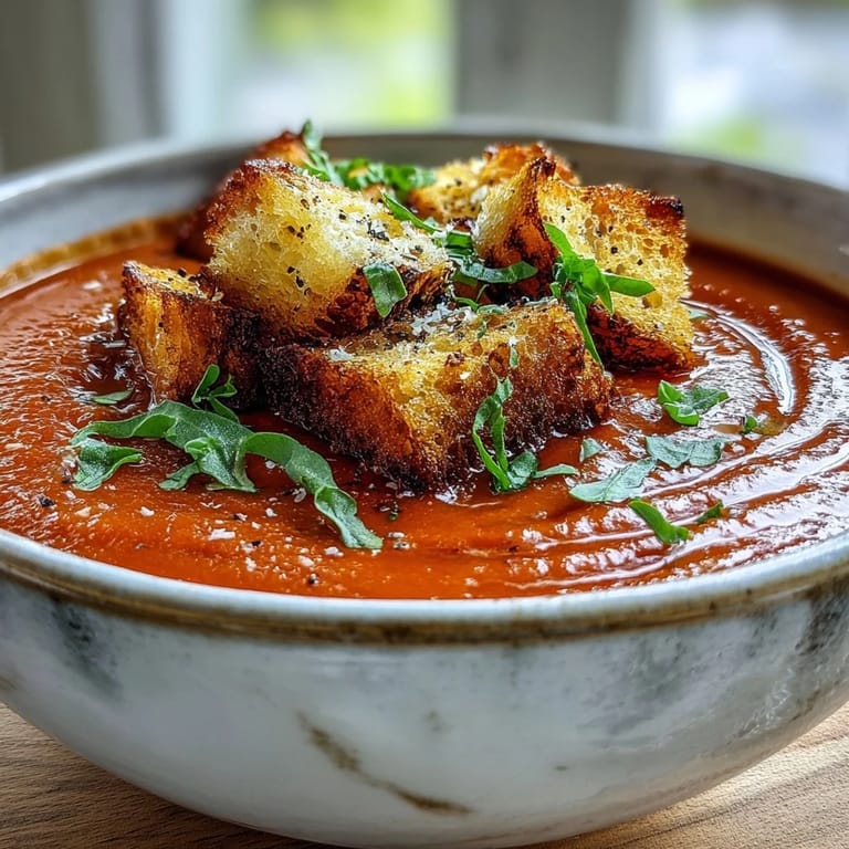 Velvety tomato soup recipe, generously topped with seasoned, oven-baked croutons.