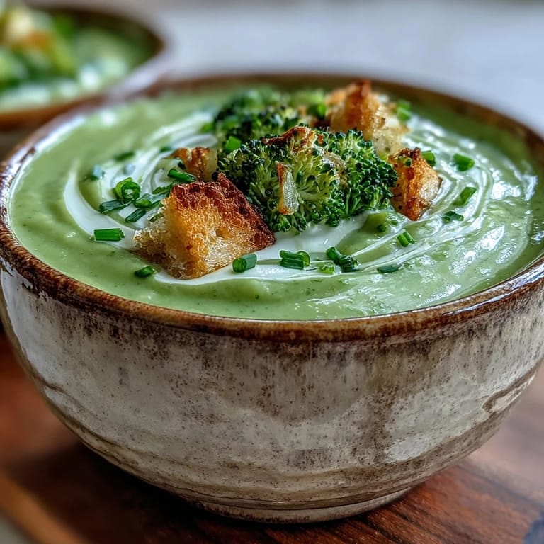 Delicious Creamy Broccoli Soup garnished with fresh chives and a creamy drizzle.