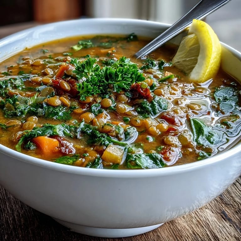 Cozy lentil and vegetable soup, packed with healthy ingredients, ready to serve.