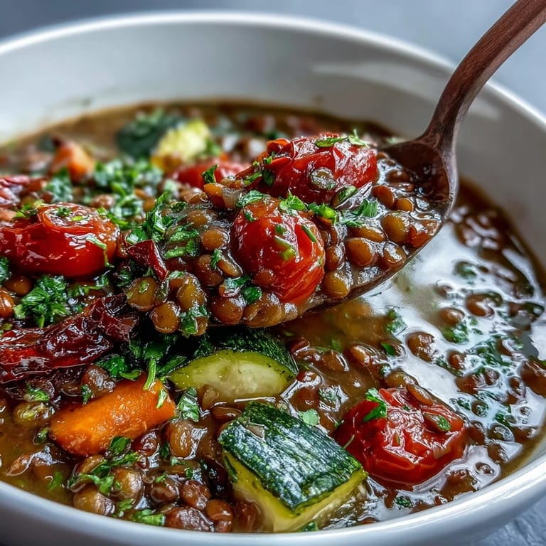 A rustic pot of Lentil and Vegetable Soup, showcasing tender lentils and vibrant roasted vegetables.