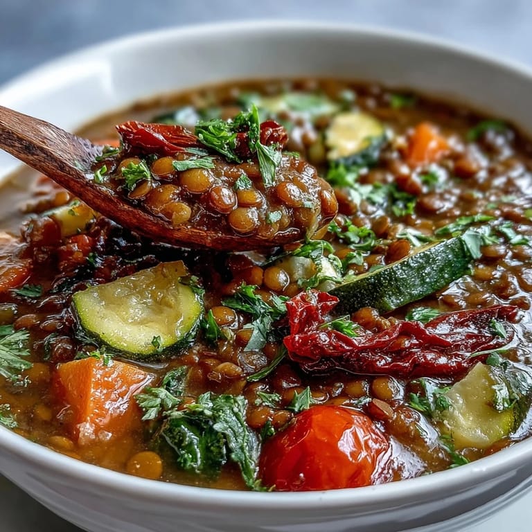 Hearty Lentil and Vegetable Soup with roasted carrots, tomatoes, and zucchini simmering in a savory broth.