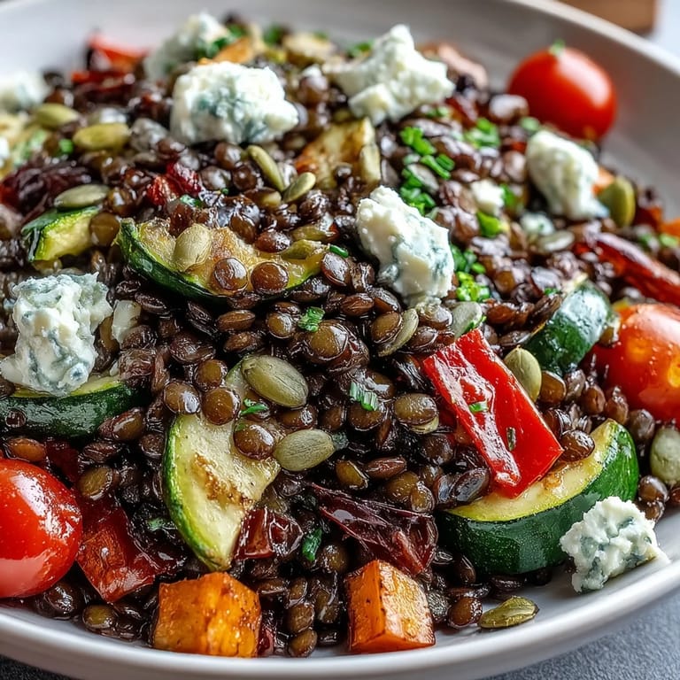 Chopped black lentil salad with roasted carrots and cherry tomatoes in a large mixing bowl.