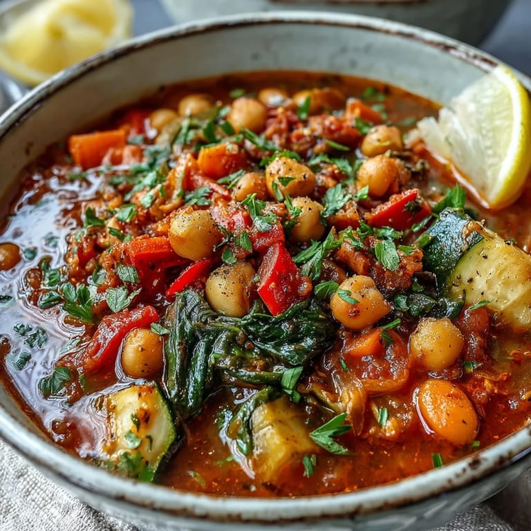 A rustic bowl of hearty chickpea stew topped with fresh parsley, with lemon wedges and crusty bread on the side. Perfect for a nourishing, high-fiber lunch or healthy weeknight meal.