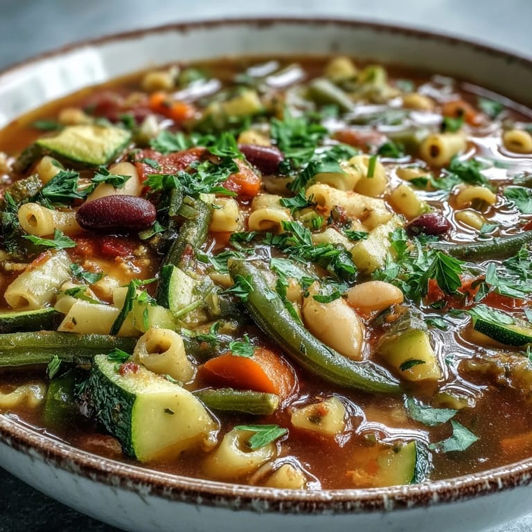 Vibrant Minestrone Vegetable Soup simmering in a pot, featuring colorful beans, pasta, and greens in a rich tomato broth.