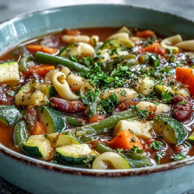 Rustic ceramic bowl filled with Minestrone Vegetable Soup, garnished with parsley, served as a wholesome vegetarian family meal.