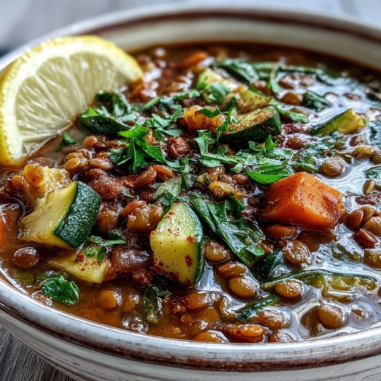 Hearty Lentil Soup simmering in a pot, featuring tender lentils, diced carrots, zucchini, and warming spices.