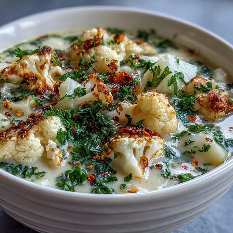 Hearty Vegetarian Cauliflower Chowder served hot with a side of crusty bread.