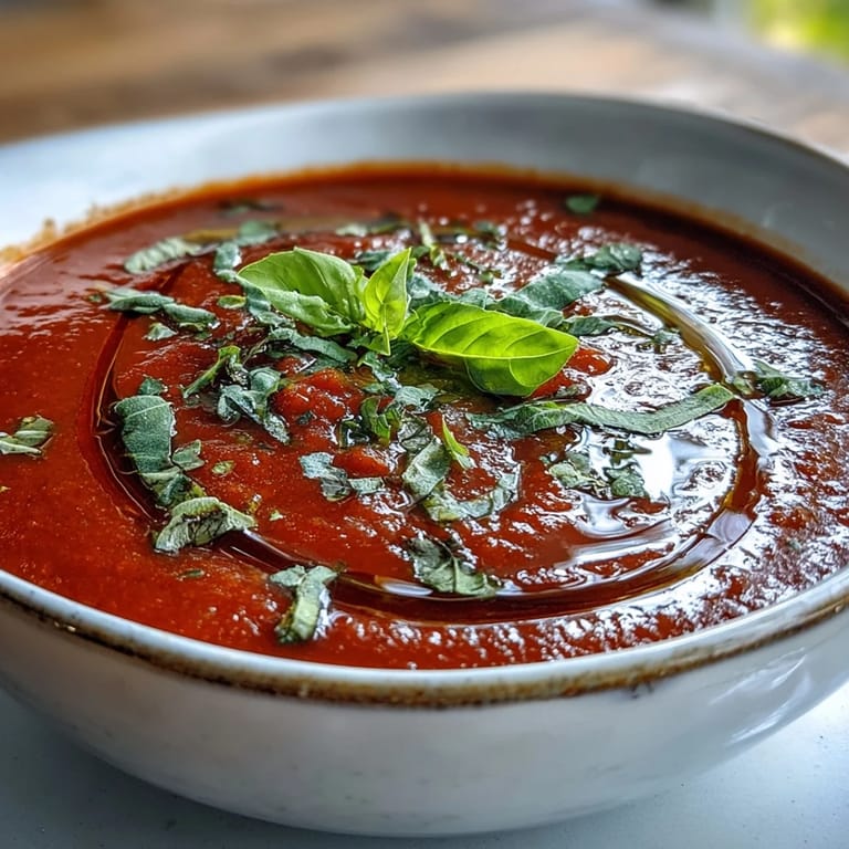 A bowl of homemade Tomato and Basil Soup topped with fresh basil leaves, ideal for a cozy lunch with crusty bread.