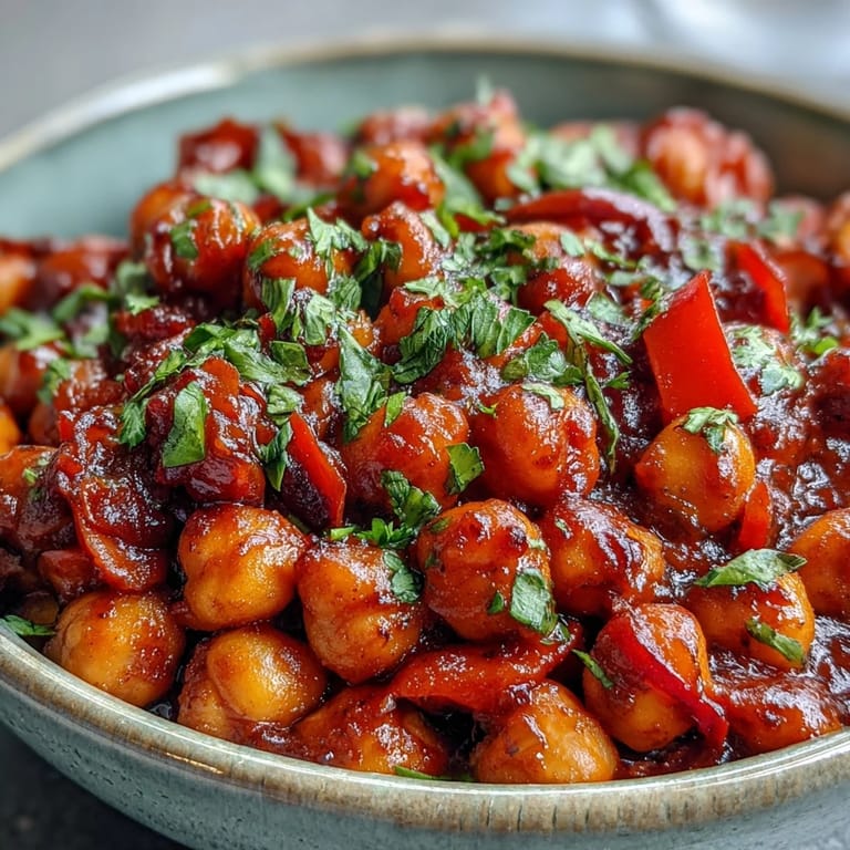 A warm bowl of Spicy Chickpea Stew topped with fresh herbs, lemon wedges, and fluffy rice on a rustic table.