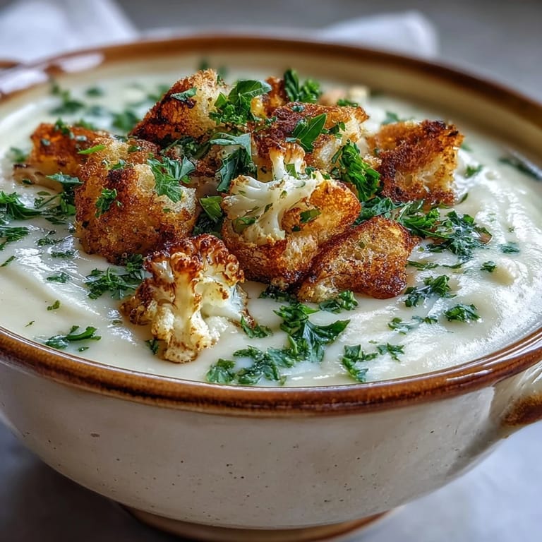 A steaming bowl of creamy Cauliflower and Broccoli Soup served with crusty bread.