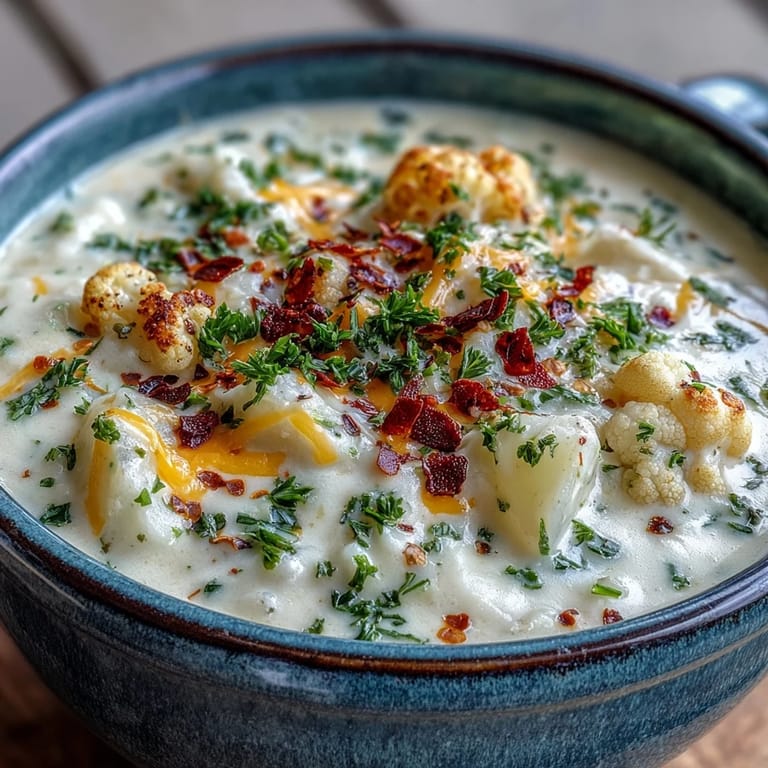 A spoon lifts a ladle of cheddar-topped Vegetarian Cauliflower Chowder, garnished with fresh parsley for a cozy meal.