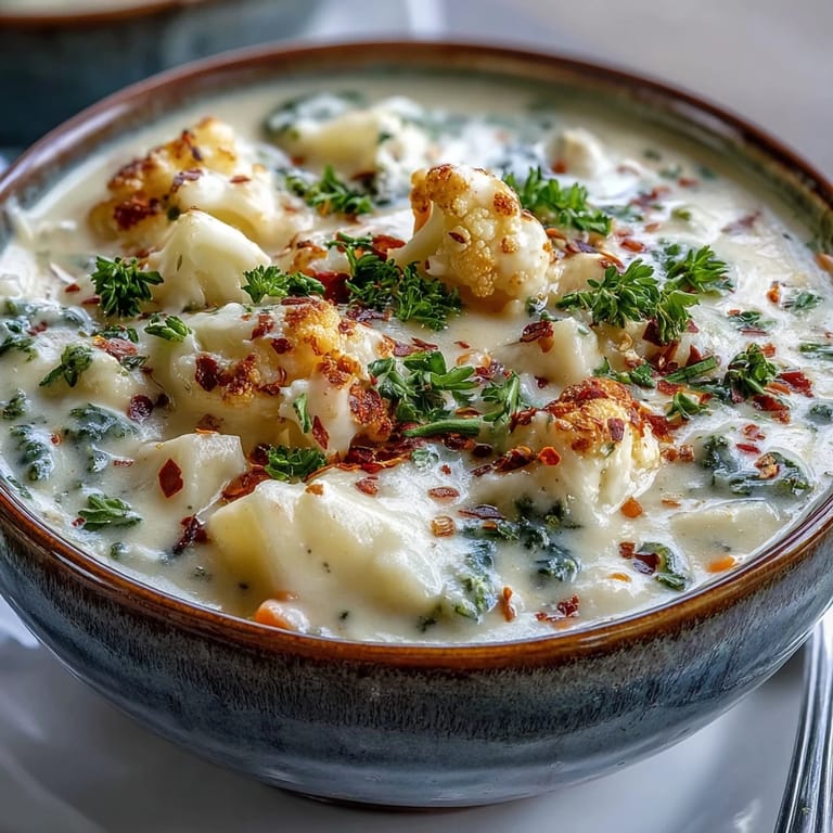 Hearty Vegetarian Cauliflower Chowder served in rustic bowls, ready to enjoy with crusty bread on the side.