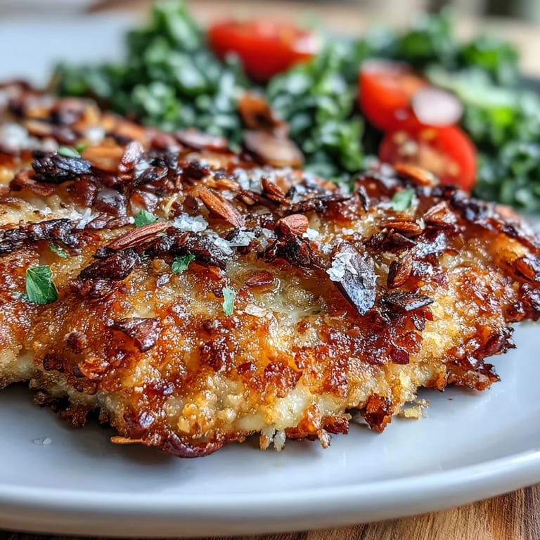 A fork tender piece of almond-crusted chicken is served over a bed of kale and sumac salad, ready to eat.