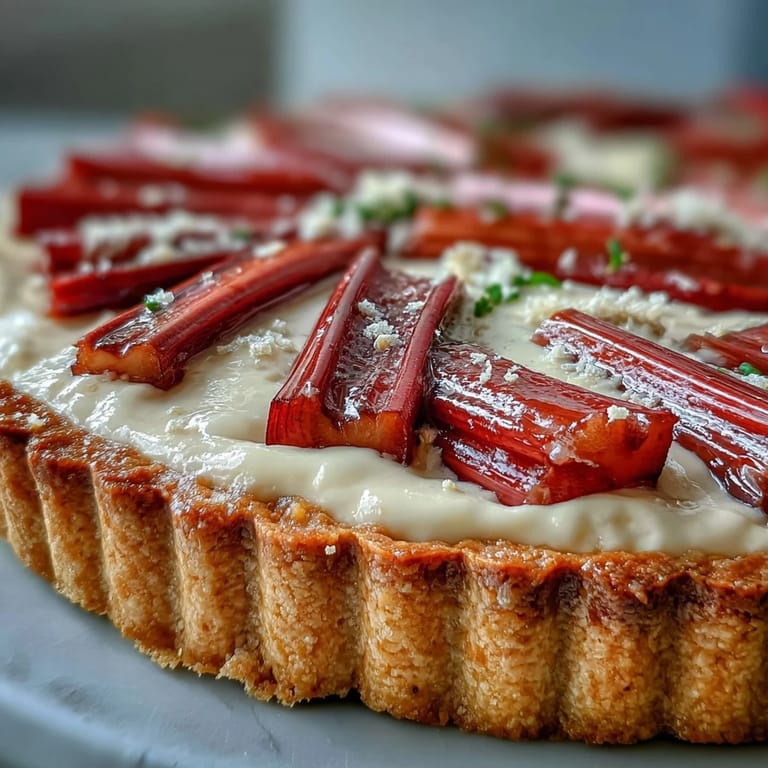 Freshly baked Rhubarb, White Chocolate, and Elderflower Tart with a golden crust, served with a drizzle of elderflower syrup.