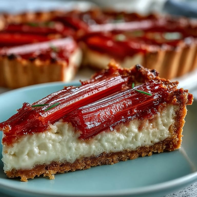A whole Rhubarb, White Chocolate, and Elderflower Tart topped with pink rhubarb batons, ready to slice for dessert.