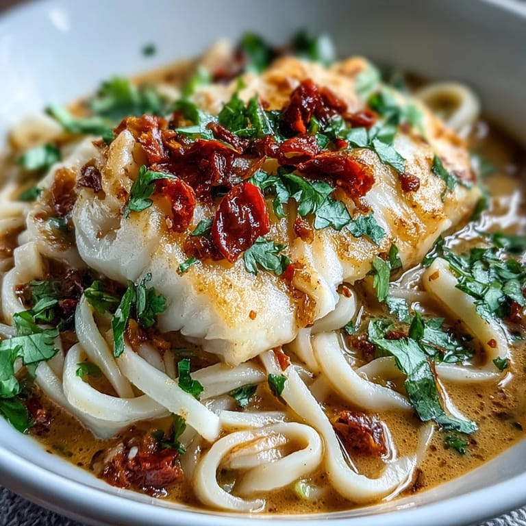 Poached Cod With Spiced Coconut Broth and Udon Noodles garnished with scallions and red chili slices.