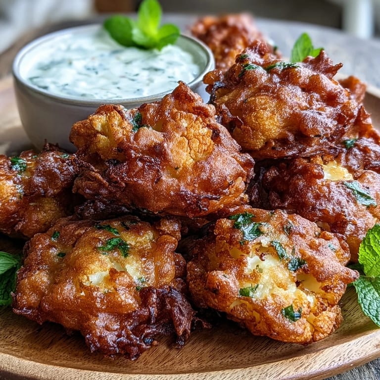 Freshly fried Cauliflower Bhajis with a side of cooling yogurt sauce for dipping.