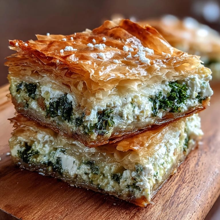 Warm Feta and Kale Börek served on a wooden board, ideal for a light vegetarian lunch or appetizer. 