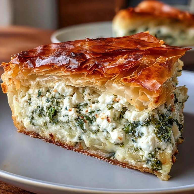 Close-up of a savory Feta and Kale Börek slice revealing creamy feta and wilted kale inside crispy pastry.