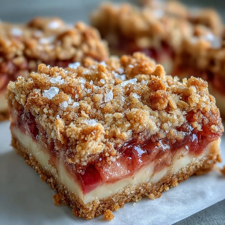 A close-up of Rhubarb and Custard Crumble Bars reveals layered fruit filling and buttery crumble on a dessert plate with a cup of tea. 