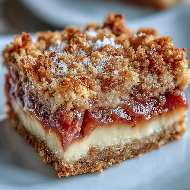 Homemade Rhubarb and Custard Crumble Bars are cut into squares, highlighting the vibrant rhubarb and silky custard between crumbly layers.