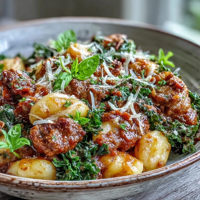 A close-up of Sausage Gnocchi with Kale showcasing creamy Parmesan and fresh basil garnish.
