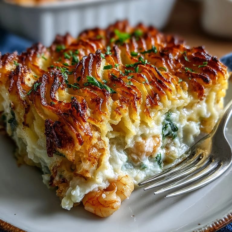 Freshly baked curried fish pie in a ceramic dish, paired with a green salad and a glass of white wine.